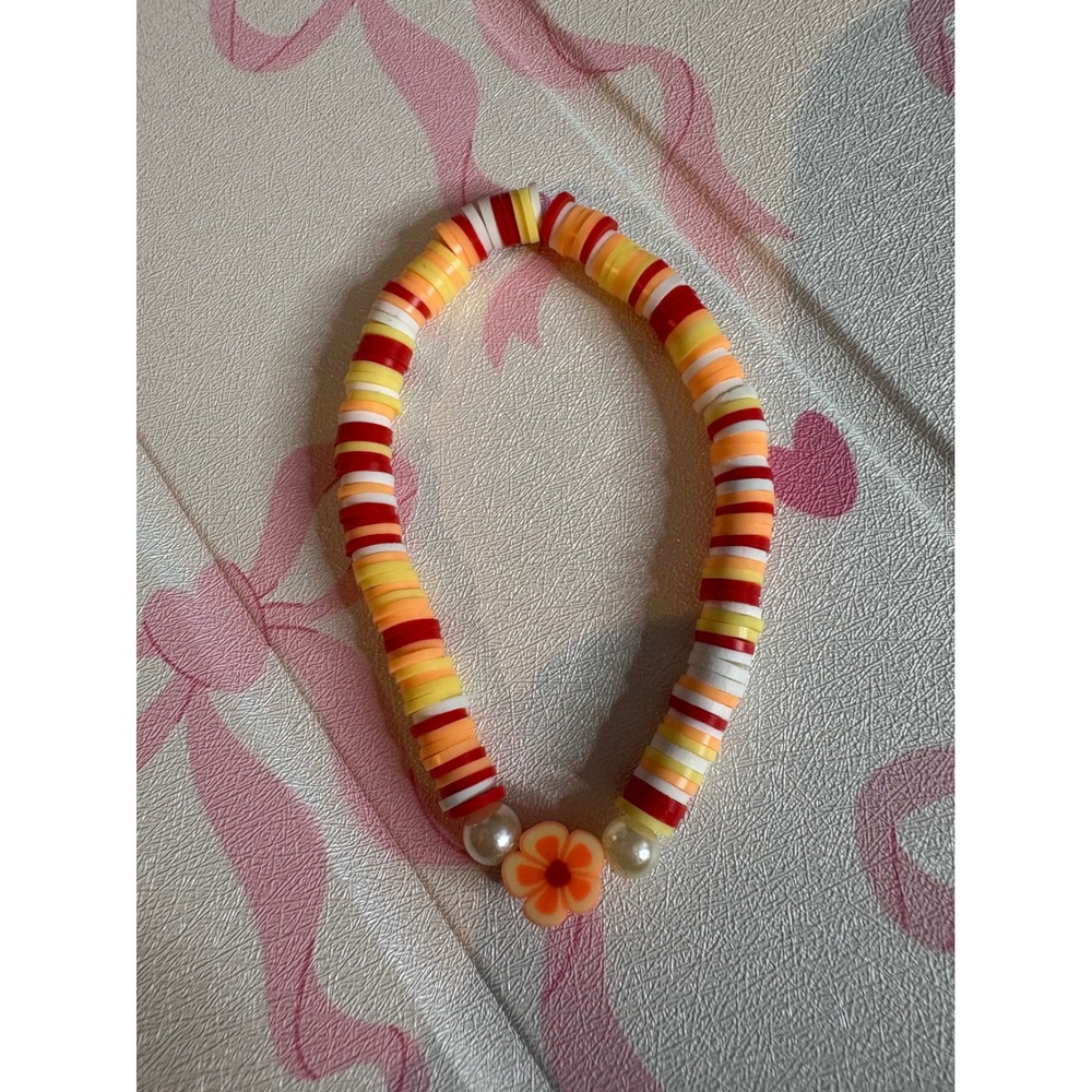 Handmade Clay Heishi Bead Bracelet Orange Flower Pearl Sunset Y2K Stretch